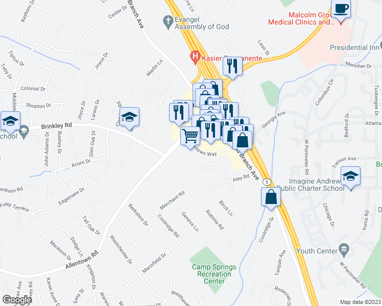 map of restaurants, bars, coffee shops, grocery stores, and more near 6400 Allentown Road in Temple Hills