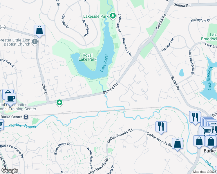 map of restaurants, bars, coffee shops, grocery stores, and more near 9927 Lakepointe Court in Burke