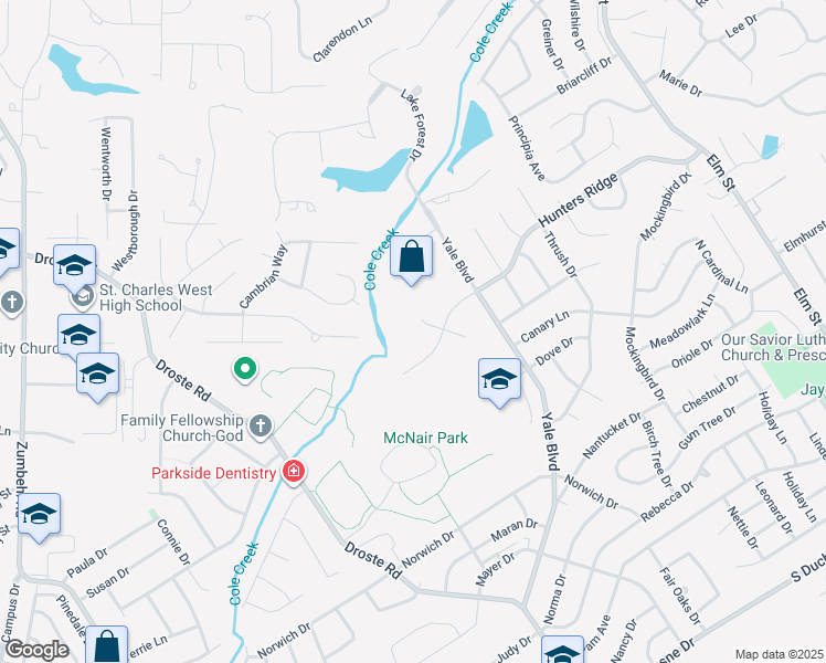 map of restaurants, bars, coffee shops, grocery stores, and more near 11 Huntington Forest Court West in Saint Charles