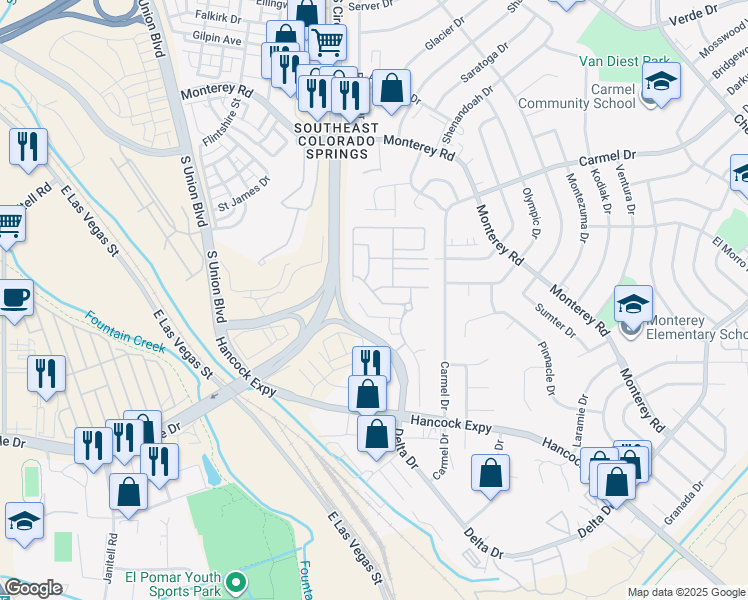 map of restaurants, bars, coffee shops, grocery stores, and more near 2754 Winterbourne Street in Colorado Springs
