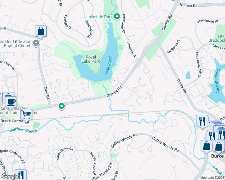 map of restaurants, bars, coffee shops, grocery stores, and more near 9927 Lakepointe Court in Burke