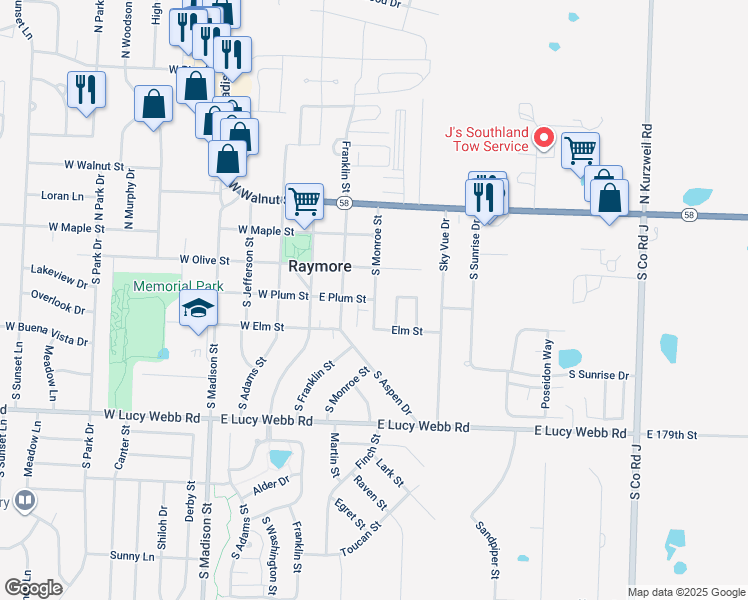 map of restaurants, bars, coffee shops, grocery stores, and more near 408 South Monroe Street in Raymore