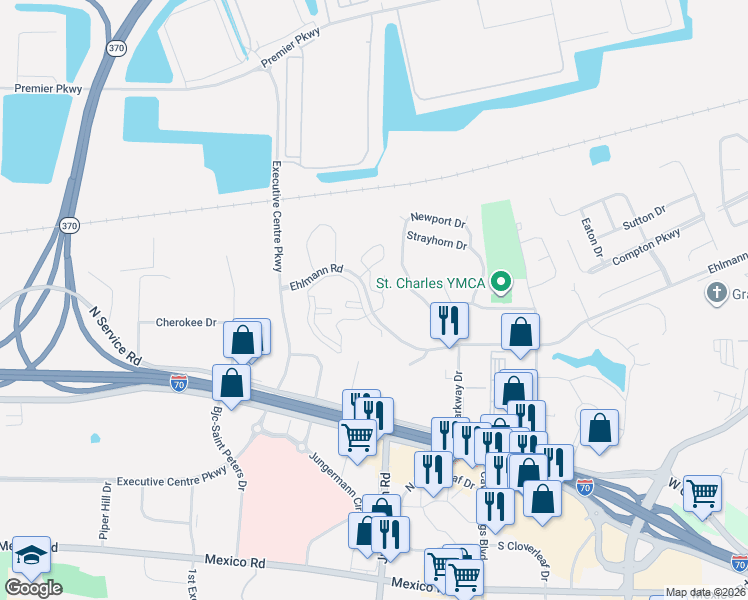 map of restaurants, bars, coffee shops, grocery stores, and more near 480 Benton Drive in St. Peters