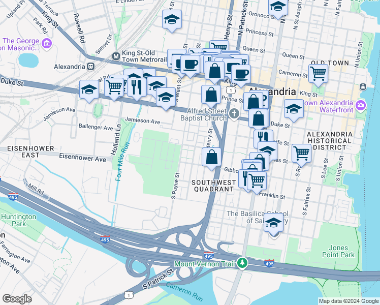 map of restaurants, bars, coffee shops, grocery stores, and more near 509 South Fayette Street in Alexandria