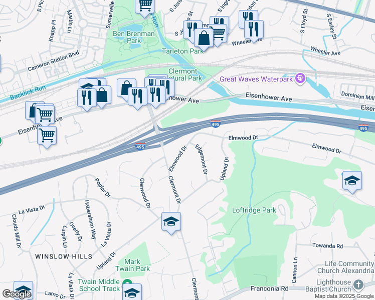 map of restaurants, bars, coffee shops, grocery stores, and more near 4415 Elmwood Drive in Alexandria