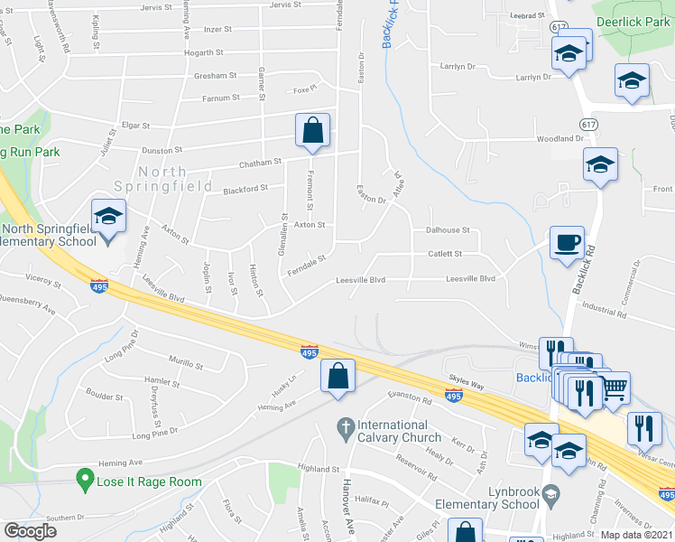 map of restaurants, bars, coffee shops, grocery stores, and more near 7306 Leesville Blvd in Springfield