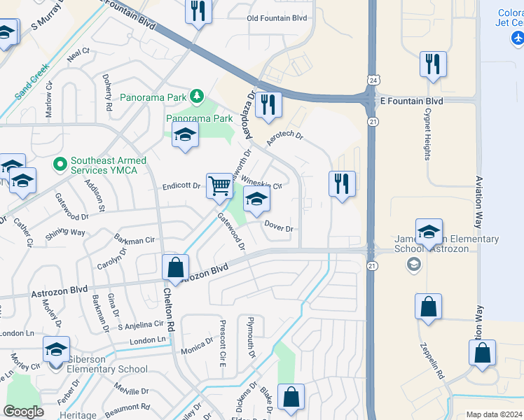 map of restaurants, bars, coffee shops, grocery stores, and more near 4880 Dover Drive in Colorado Springs