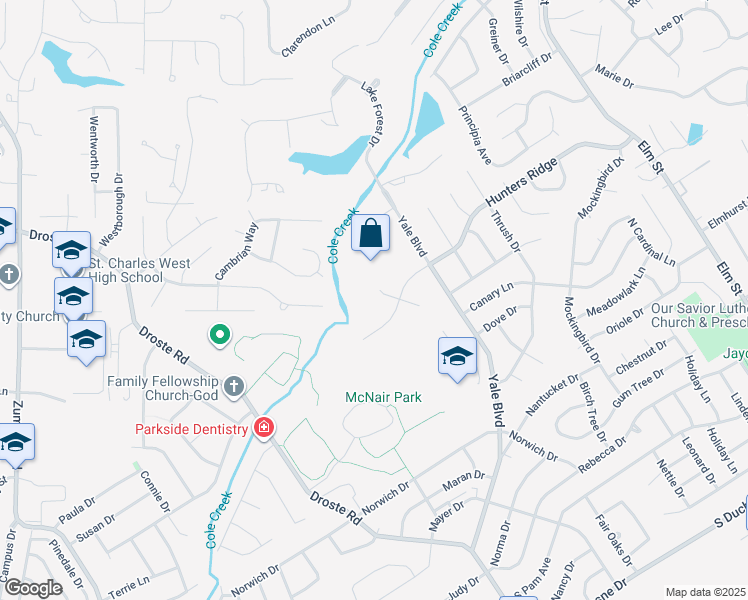 map of restaurants, bars, coffee shops, grocery stores, and more near 11 Huntington Forest Court West in Saint Charles