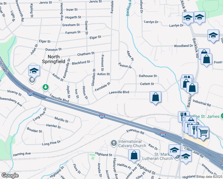 map of restaurants, bars, coffee shops, grocery stores, and more near 7306 Leesville Boulevard in Springfield