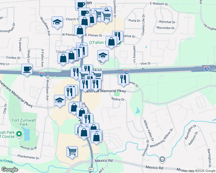 map of restaurants, bars, coffee shops, grocery stores, and more near 715 Plaza Drive in O'Fallon