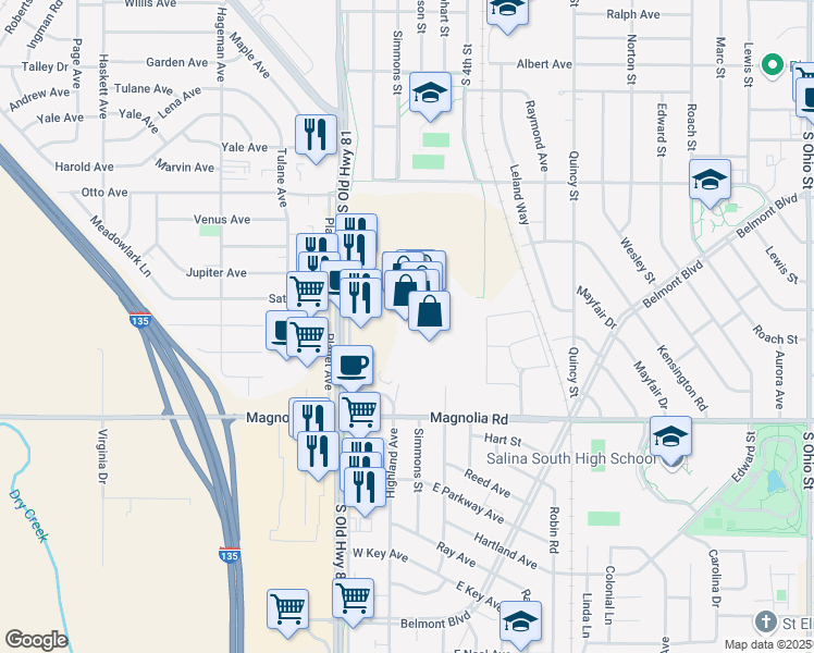 map of restaurants, bars, coffee shops, grocery stores, and more near 2259 South 9th Street in Salina