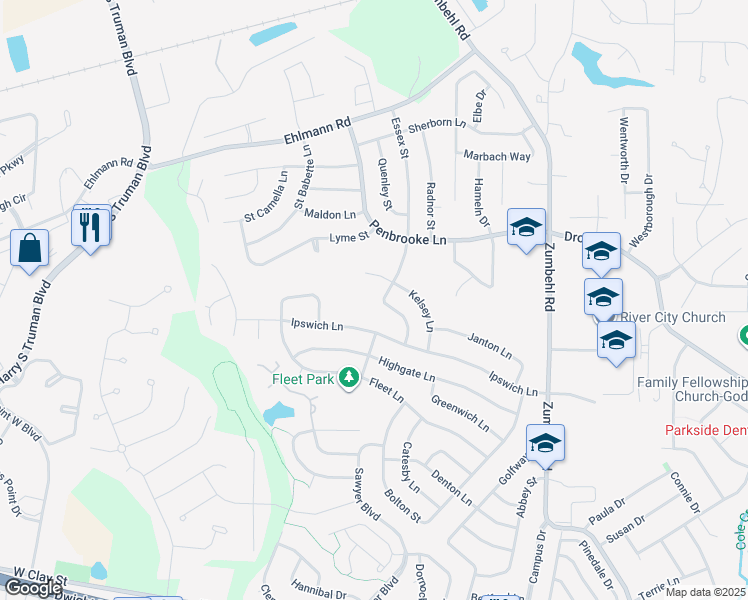 map of restaurants, bars, coffee shops, grocery stores, and more near 2701 Essex Street in Saint Charles
