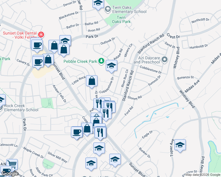map of restaurants, bars, coffee shops, grocery stores, and more near 1405 Gold Circle in Rocklin
