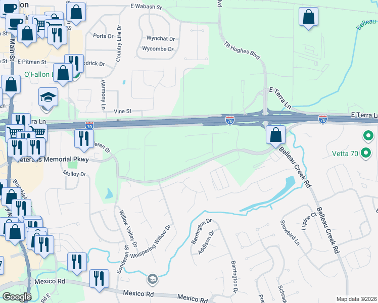 map of restaurants, bars, coffee shops, grocery stores, and more near 120 Biscayne Bay Place in O'Fallon
