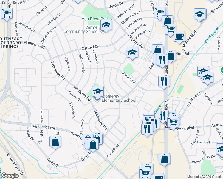map of restaurants, bars, coffee shops, grocery stores, and more near 2184 Whitewood Drive in Colorado Springs