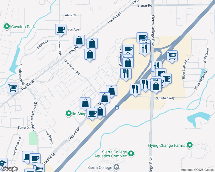 map of restaurants, bars, coffee shops, grocery stores, and more near 4306 Gentry Way in Rocklin