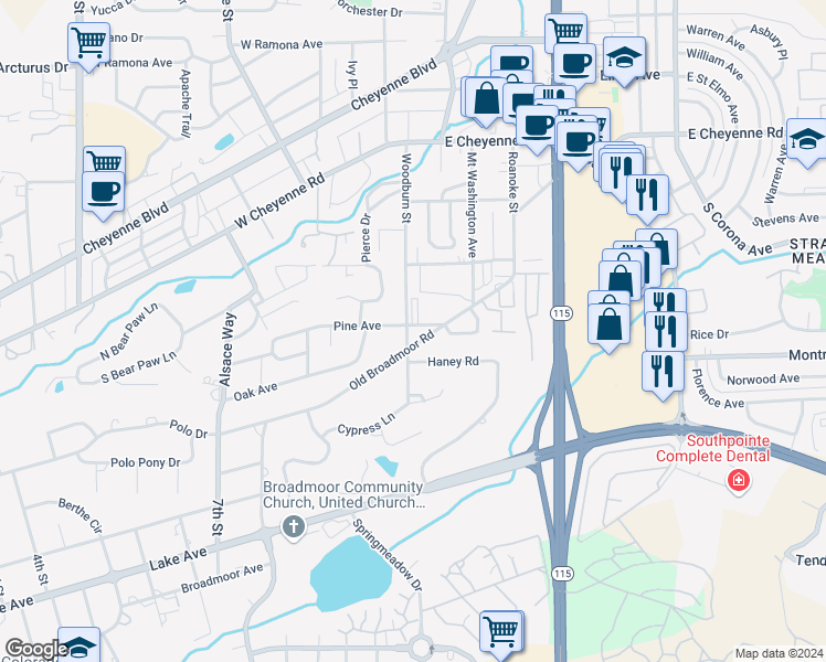map of restaurants, bars, coffee shops, grocery stores, and more near 87 West Old Broadmoor Road in Colorado Springs