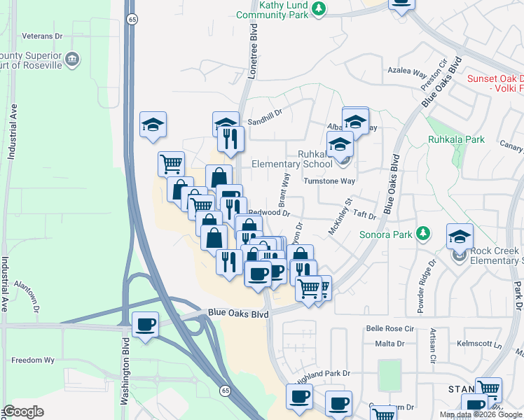 map of restaurants, bars, coffee shops, grocery stores, and more near 1412 Redwood Drive in Rocklin
