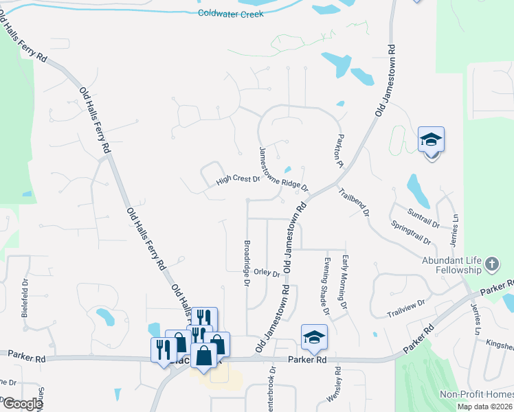 map of restaurants, bars, coffee shops, grocery stores, and more near 12901 Broadridge Drive in Black Jack