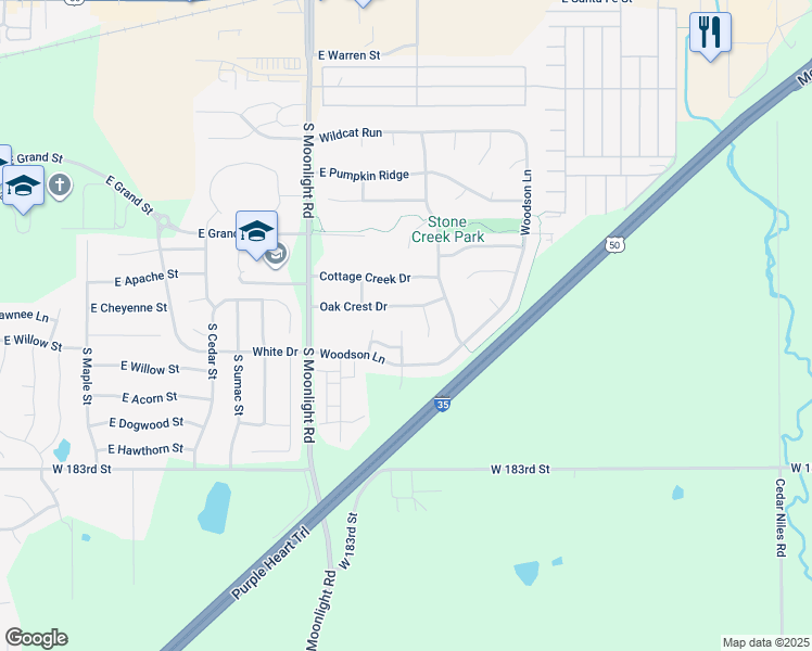 map of restaurants, bars, coffee shops, grocery stores, and more near 816 South Woodson Court in Gardner