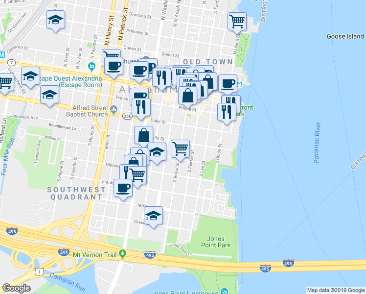 map of restaurants, bars, coffee shops, grocery stores, and more near 406 South Royal Street in Alexandria