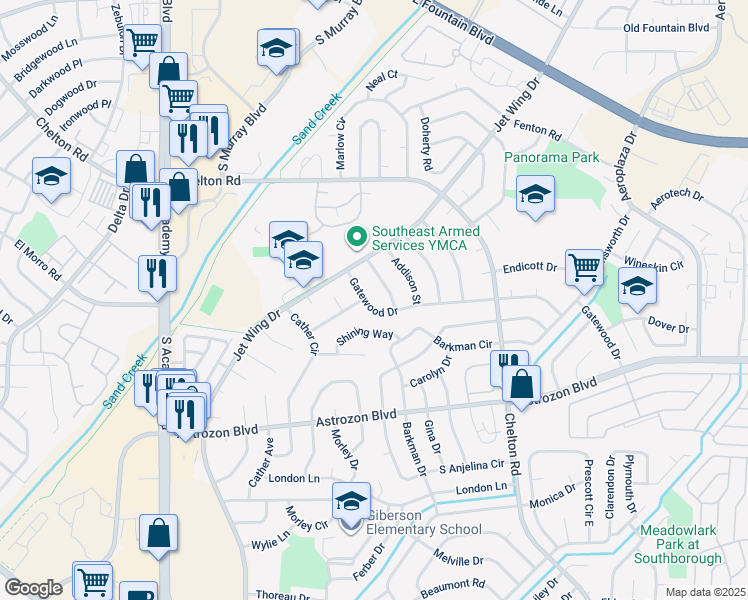 map of restaurants, bars, coffee shops, grocery stores, and more near 4320 Gatewood Drive in Colorado Springs