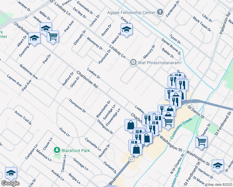 map of restaurants, bars, coffee shops, grocery stores, and more near 830 Loekes Drive in Florissant