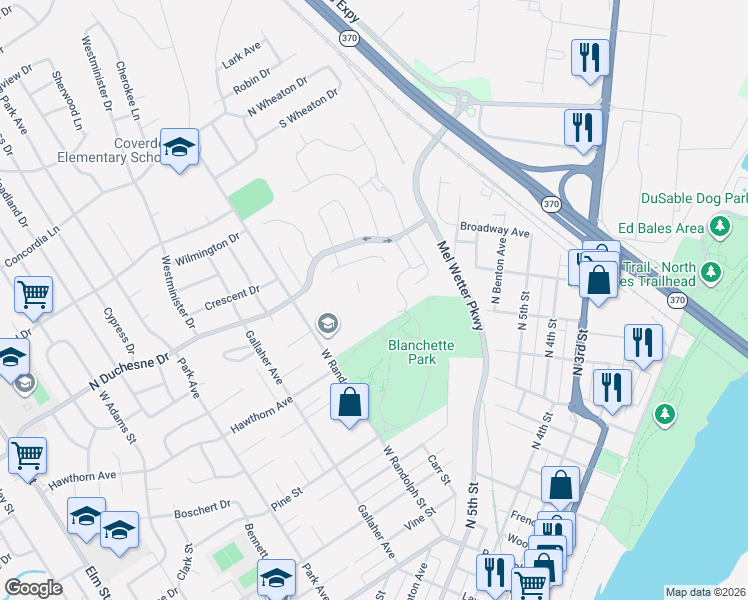 map of restaurants, bars, coffee shops, grocery stores, and more near 2150 West Randolph Street in Saint Charles