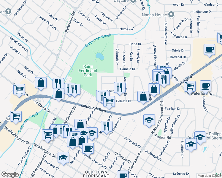 map of restaurants, bars, coffee shops, grocery stores, and more near 4 Redwood Drive in Florissant