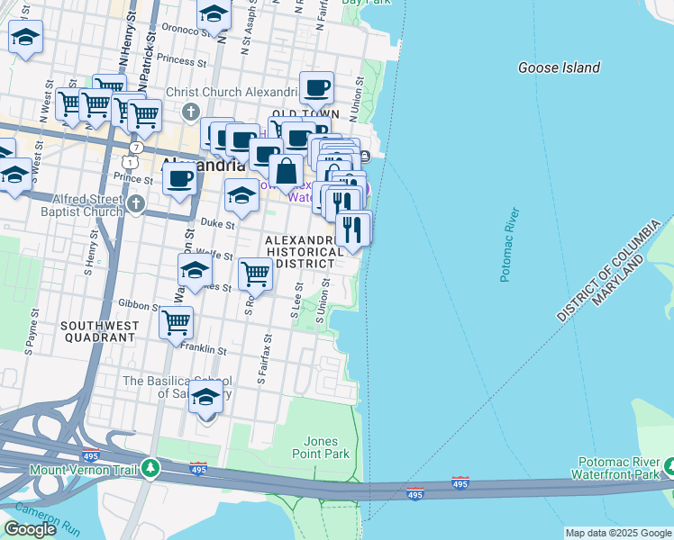 map of restaurants, bars, coffee shops, grocery stores, and more near 10 Bakers Walk in Alexandria