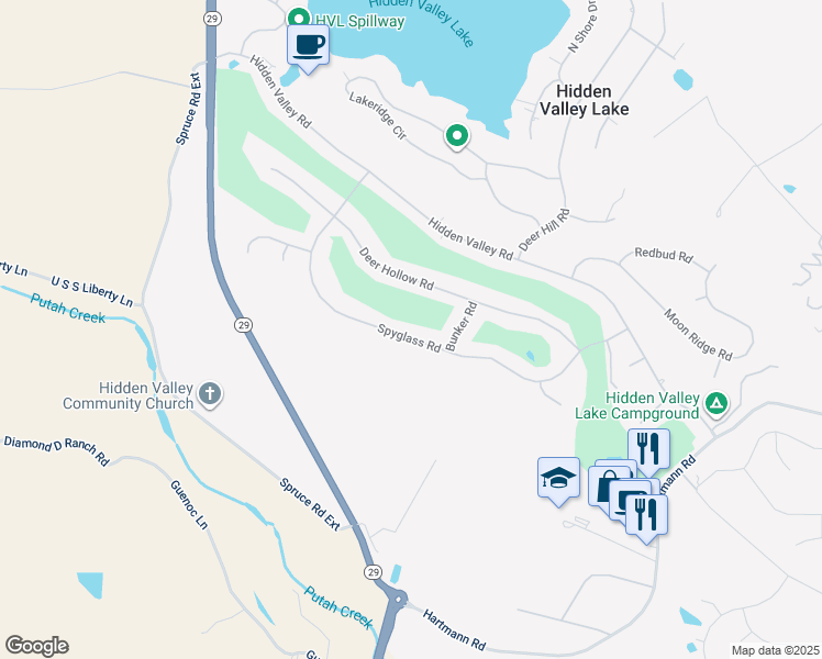 map of restaurants, bars, coffee shops, grocery stores, and more near 18546 Spyglass Road in Hidden Valley Lake