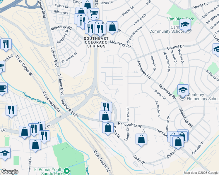 map of restaurants, bars, coffee shops, grocery stores, and more near Stonecrop Ridge Grove in Colorado Springs