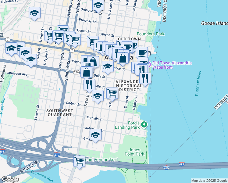 map of restaurants, bars, coffee shops, grocery stores, and more near 404 South Royal Street in Alexandria