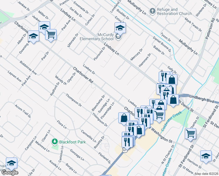 map of restaurants, bars, coffee shops, grocery stores, and more near 1 Blanchette Drive in Florissant