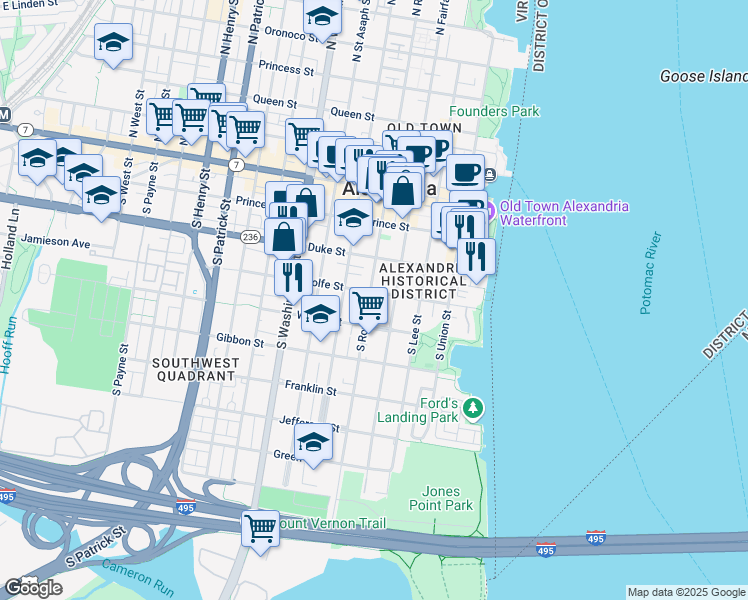 map of restaurants, bars, coffee shops, grocery stores, and more near 404 South Royal Street in Alexandria