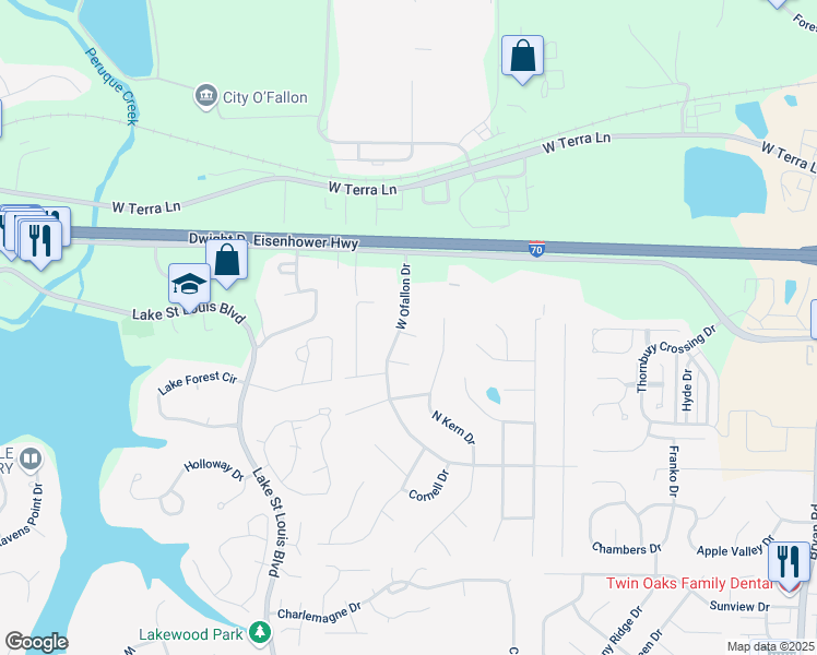 map of restaurants, bars, coffee shops, grocery stores, and more near 48 West Ofallon Drive in O'Fallon