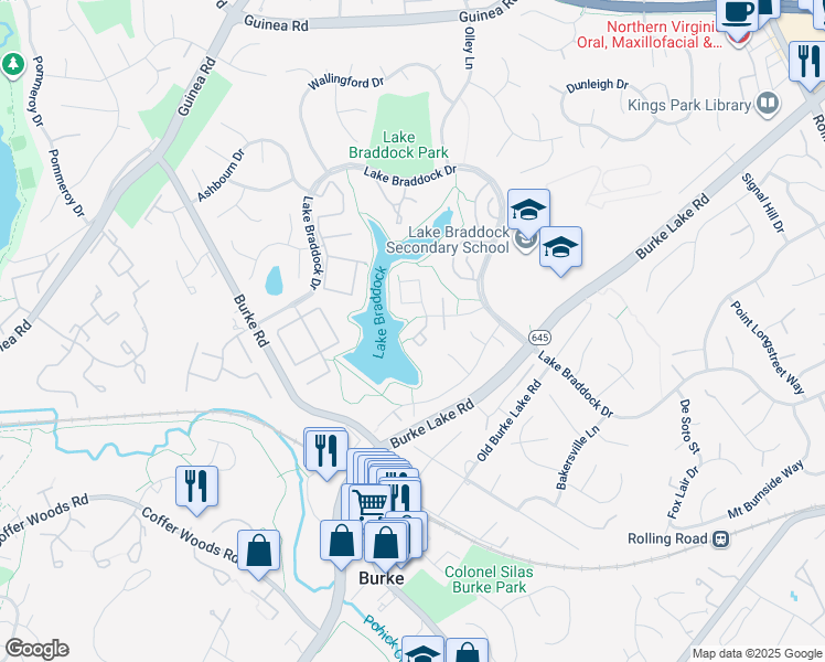 map of restaurants, bars, coffee shops, grocery stores, and more near 5508 Beaconsfield Court in Burke
