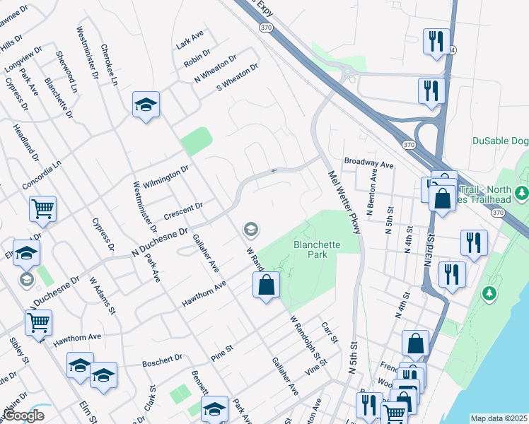 map of restaurants, bars, coffee shops, grocery stores, and more near 2150 West Randolph Street in Saint Charles
