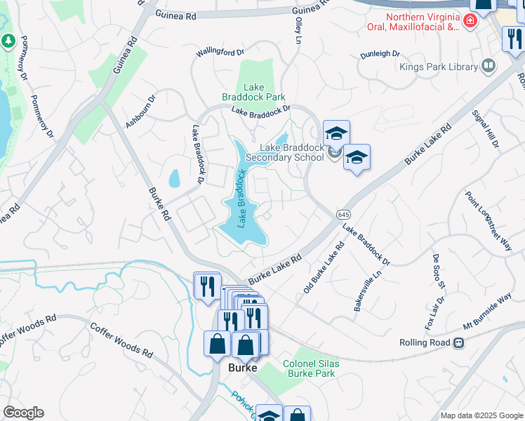 map of restaurants, bars, coffee shops, grocery stores, and more near 5508 Beaconsfield Court in Burke