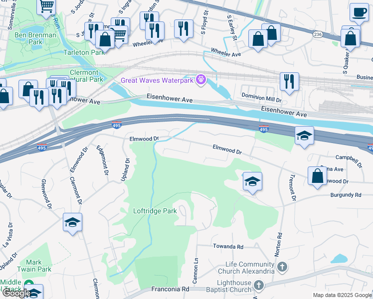 map of restaurants, bars, coffee shops, grocery stores, and more near 5528 Halwis Street in Alexandria