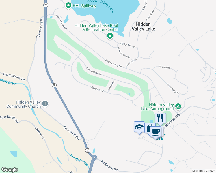 map of restaurants, bars, coffee shops, grocery stores, and more near 17965 Bunker Road in Hidden Valley Lake