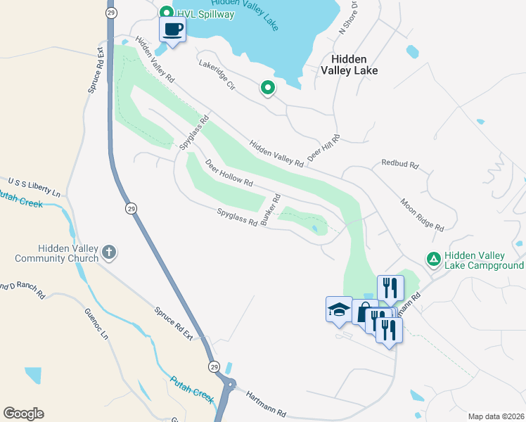 map of restaurants, bars, coffee shops, grocery stores, and more near 18642 Spyglass Road in Hidden Valley Lake