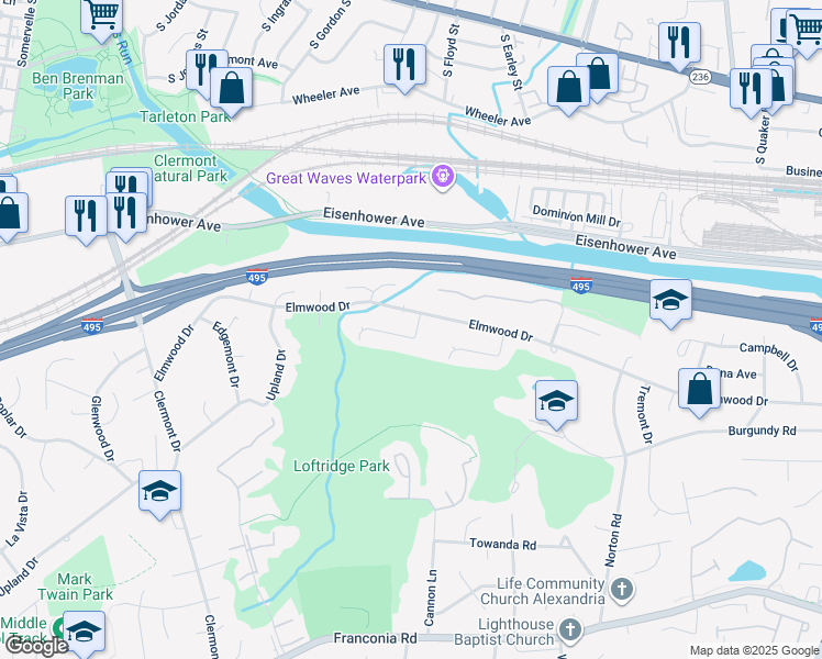 map of restaurants, bars, coffee shops, grocery stores, and more near 5528 Halwis Street in Alexandria