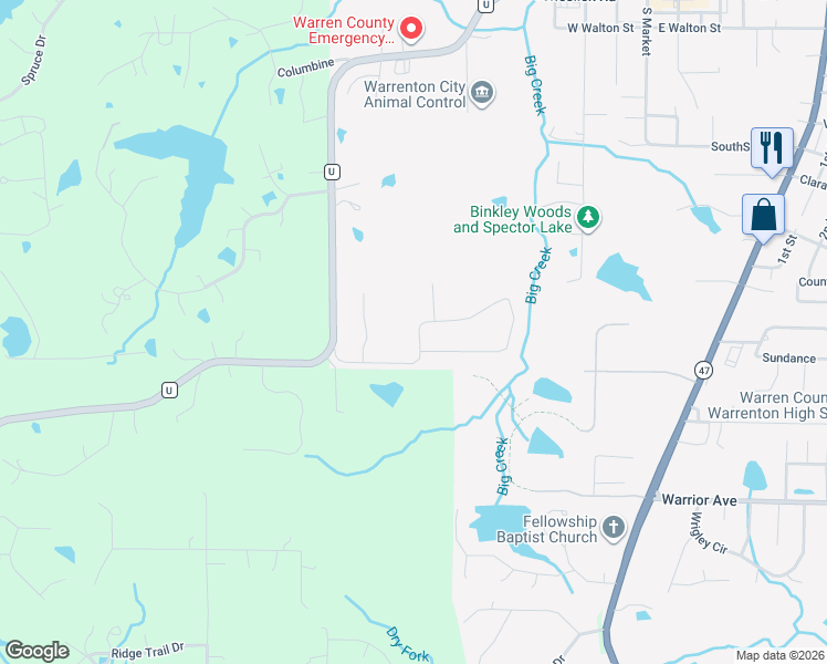 map of restaurants, bars, coffee shops, grocery stores, and more near 503 Woolf Road in Warrenton