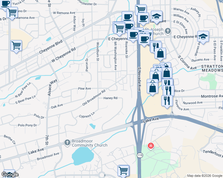 map of restaurants, bars, coffee shops, grocery stores, and more near 2185 Broadmoor Road Circle in Colorado Springs