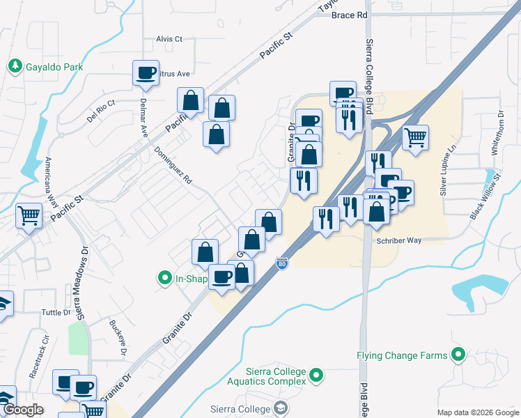 map of restaurants, bars, coffee shops, grocery stores, and more near 4309 Gentry Way in Rocklin