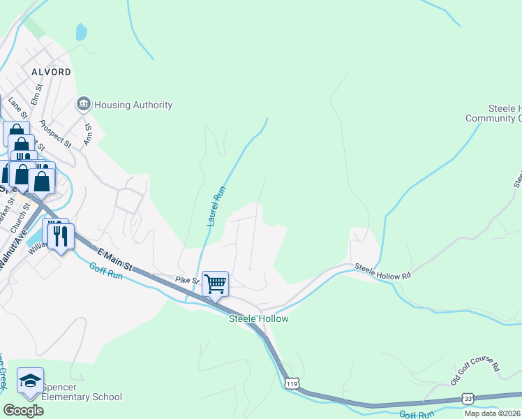 map of restaurants, bars, coffee shops, grocery stores, and more near Burgess Drive in Spencer