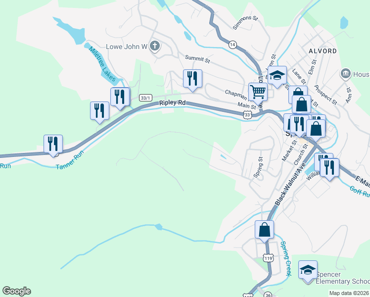 map of restaurants, bars, coffee shops, grocery stores, and more near 199 Water Street in Spencer