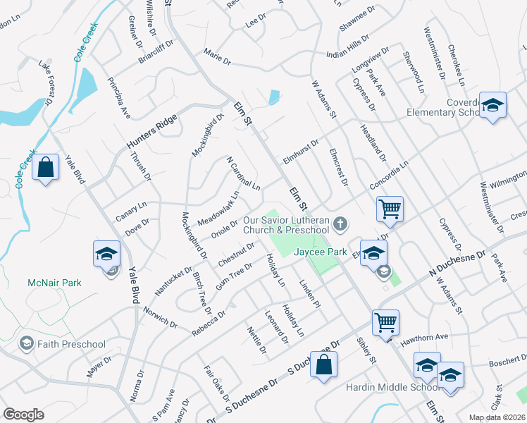 map of restaurants, bars, coffee shops, grocery stores, and more near 3 Prestbury Court in Saint Charles