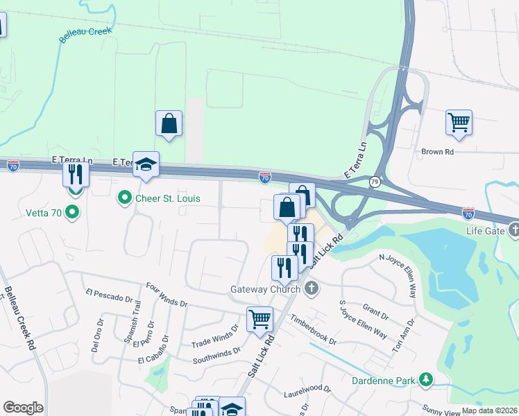 map of restaurants, bars, coffee shops, grocery stores, and more near 1000 Aventura Way in St. Peters